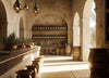 Mediterranean-style olive oil cellar with stone arches, wooden barrels, and sunlit shelves of oil bottles
